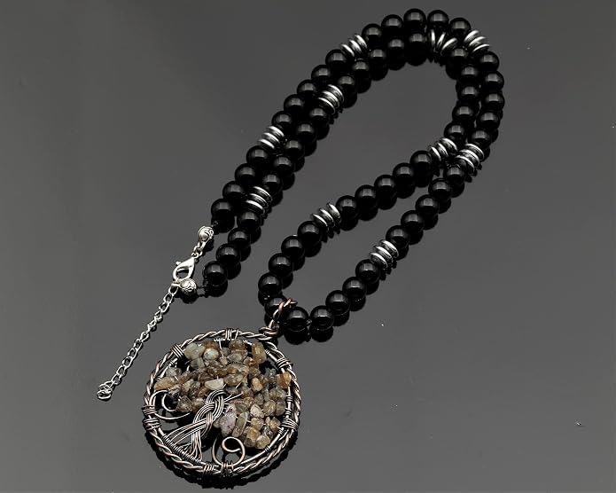 ElisaJewelryArt - Natural Amethyst Big Tree Of Life Pendant Black Onyx Stone Beaded Necklace Genuine Gemstone Feng Shui Stone Clasp Closure Necklace Unisex Necklace