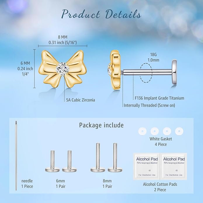 Limerencia 2Pcs 18g Titanium Internally Threaded Tragus Piercing Jewelry Nose Studs Flat Back Earrings Labret, Lip, Helix, Cartilage, Conch, Medusa Piercing for Women Men Sensitive Ears