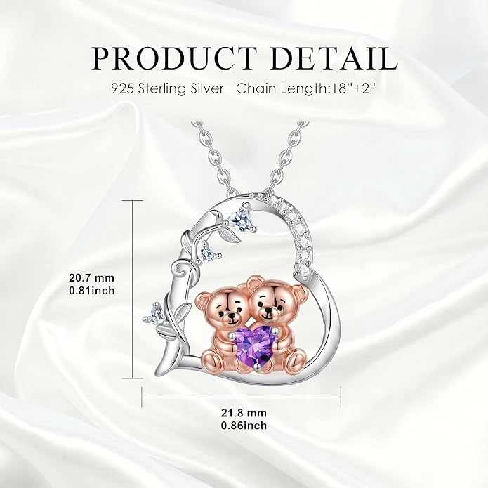 PELOVNY Teddy Bear Necklace for Women 925 Sterling Silver Bear/Highland Cow/Fox/Cat/Axolotl Birthstone Necklace Christmas Birthday Jewelry Gifts for Mom Daughter Wife Sister