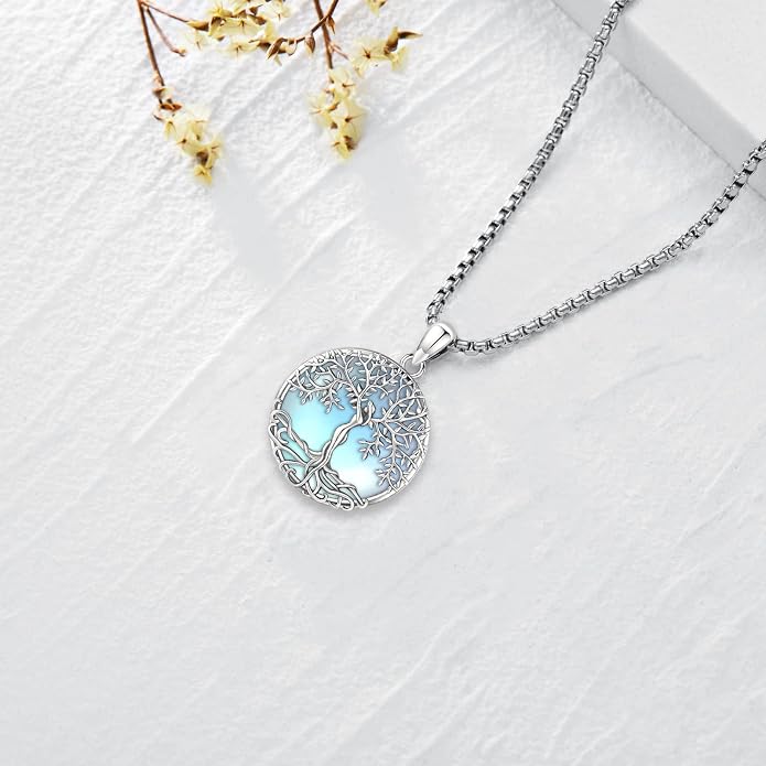 Jewelry Gifts - Tree of Life Necklace Sterling Silver Abalone Shell/Opal/Moonstone/Black Onyx/Turquoise/Malachite/Crystal Family Tree of Life Jewelry for Women Men