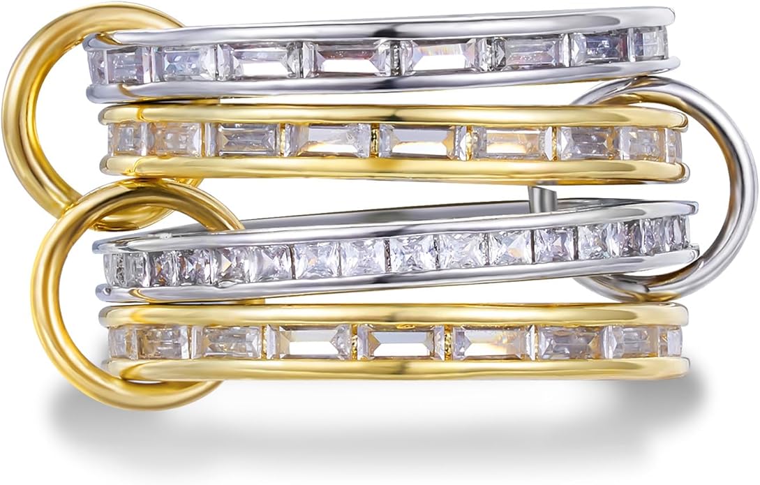 KissYan Stackable Rings for Women, 14k Gold Plate Interlocked Multi Ring Set Dainty Pave CZ Personalized Fashion Two-Toned Mixed Metals Stacking Jewelry Trendy Statement Gift