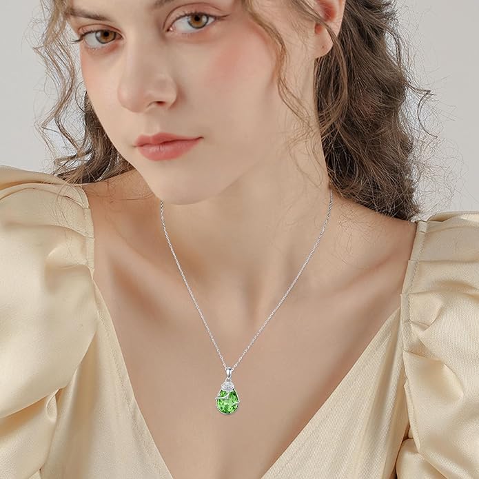 925 Sterling Silver Birth Flower Necklace with Teardrop Shaped Birthstone - 12 Colors, 12 Kinds of Flower - Ideal Birthday Jewelry Gift for Women, Mothers, Daughters & Wives