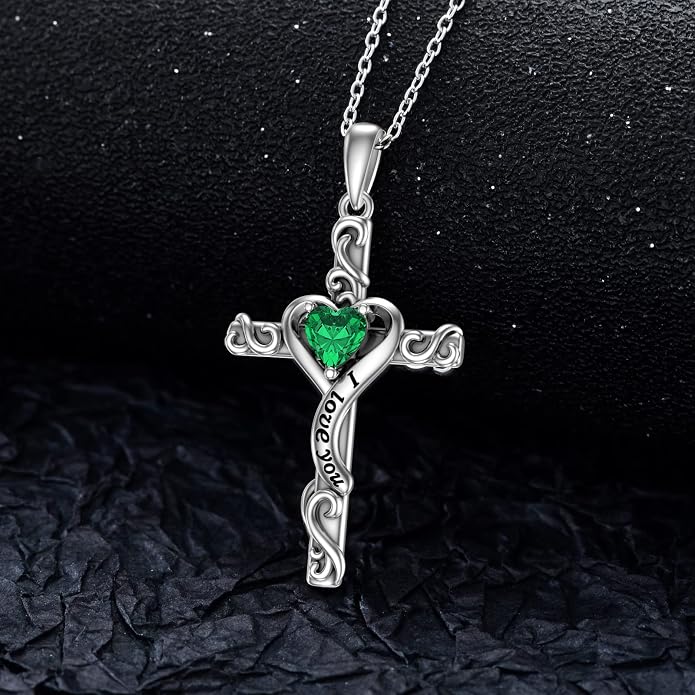 TOUPOP Cross Birthstone Necklace for Women 925 Sterling Silver Heart Cross Pendant I Love You Jewelry Anniversary Birthday Mothers Day Gifts for Mom Wife Her