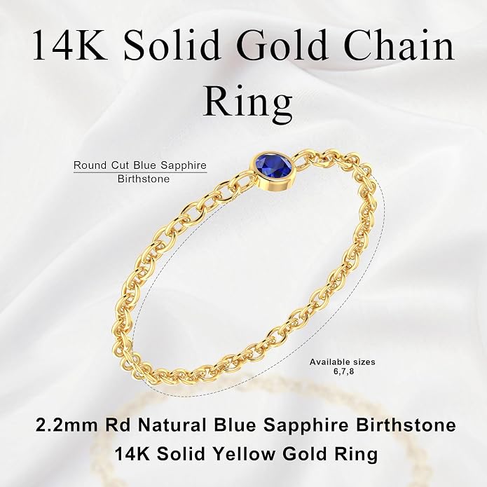 14k Gold Chain Rings for Women with Natural 2.2mm Birthstone, Women's Statement Rings, Chain Rings