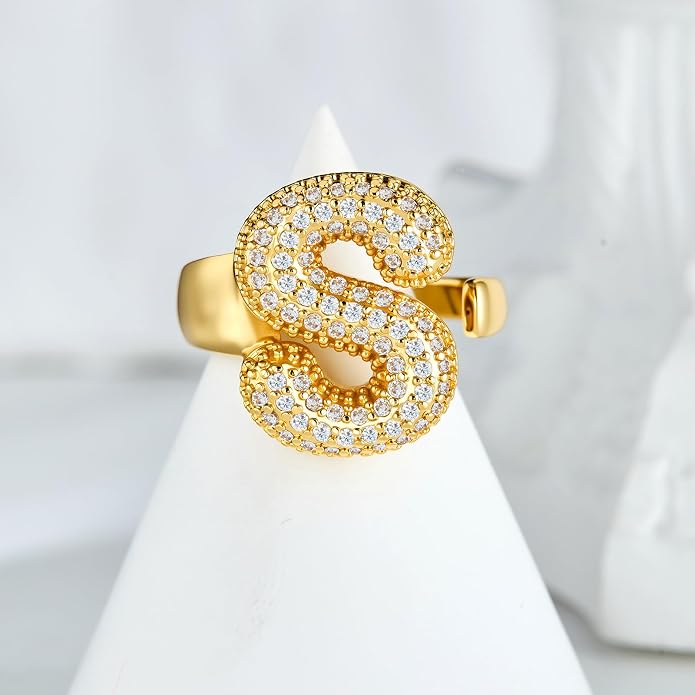 Cicy Bell Initial Rings for Women 14k Gold Plated Cubic Zirconia Delicate Letter Chunky Statement Open Rings Gifts for Her