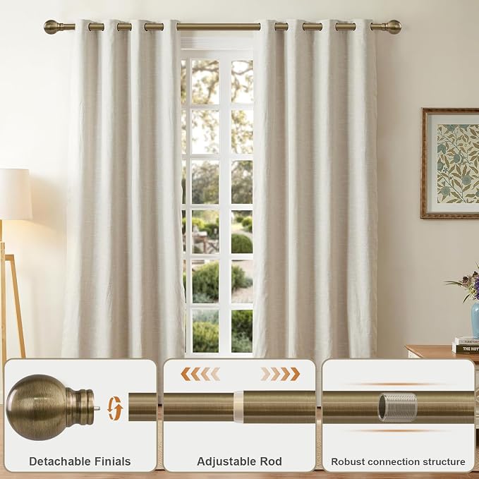 Antique Bronze Curtain Rods for Windows 48 to 84 Inch 1" Diameter | Adjustable Heavy Duty Brass Window Curtain Rod with Metal Finials for Living Room Bedroom Farmhouse Kitchen Outdoor