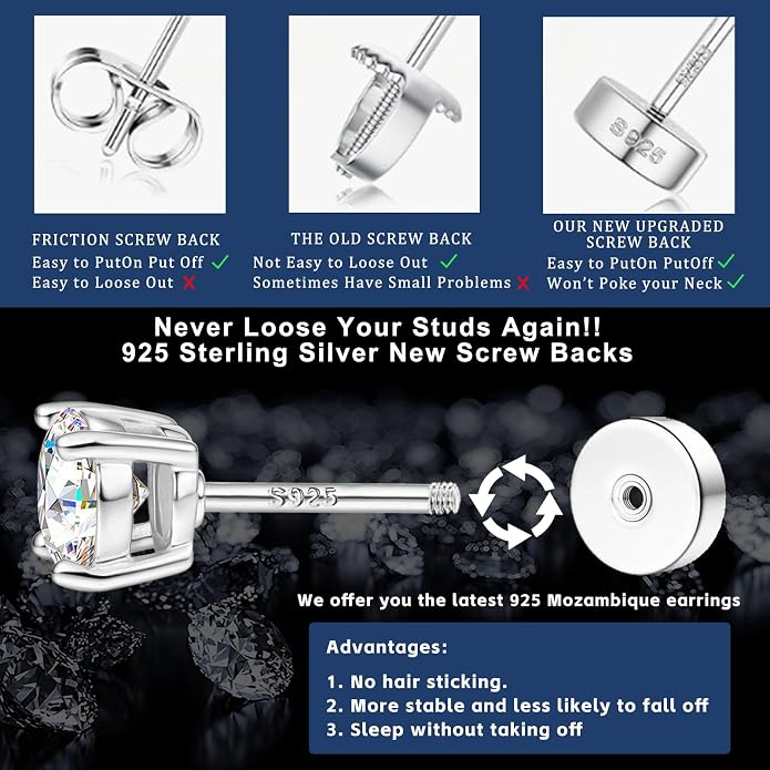 3 Pairs Moissanite Earrings Set for Women Men Dainty Flat Back Earrings Hypoallergenic Cartilage Piercing Jewelry Gifts