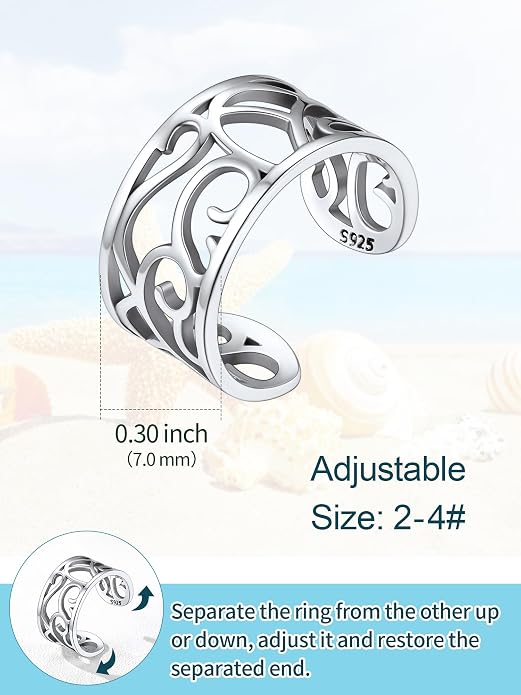 ChicSilver 925 Sterling Silver Toe Ring Minimalist Hypoallergenic Adjustable Band Ring Summer Beach Bare Foot Jewelry