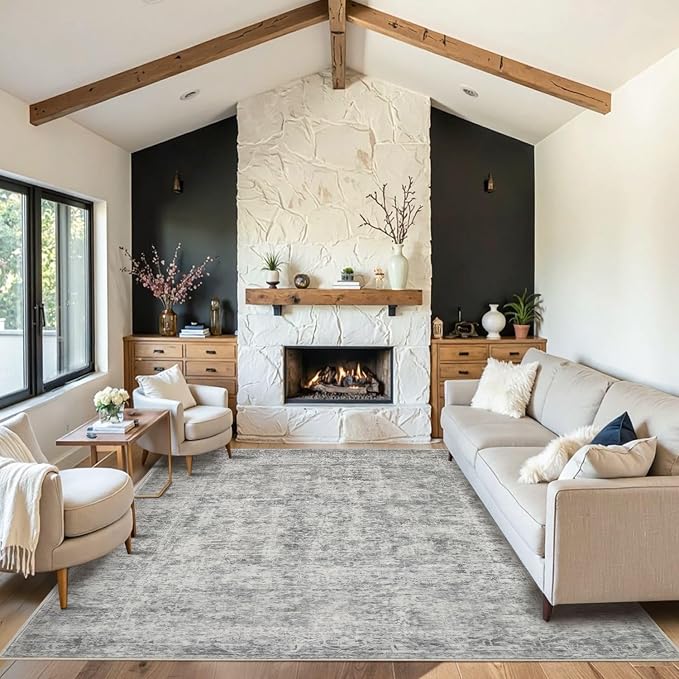 Rugxara Grey 8x10 Area Rugs for Living Room Bedroom Large Washable Rug | Non Slip, Rug for Dining Room Office Kids Room, Stain Resistant, Soft, Low Pile, Vintage Boho Retro Carpet,Home Decor