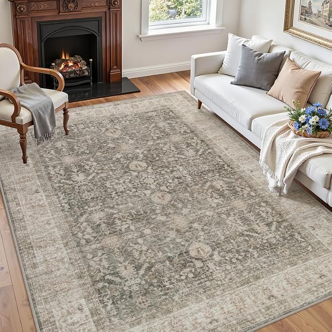 5x7 Area Rugs for Living Room: Vintage Boho Neutral Washable Rug Indoor Soft Large Area Rug Carpet for Bedroom Nursery Farmhouse Dining Room Office Floor Non-Slip Low Pile Under Table Rug Warm Taupe