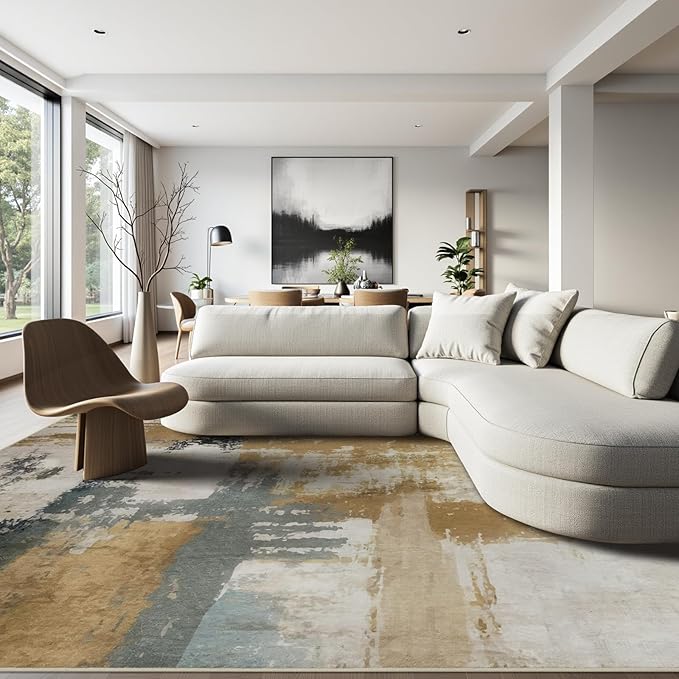 Joydeco 6x9 Area Rugs for Living Room, Non-Slip Modern Abstract Soft Washable Rug, Low Pile Carpet for Bedroom, Dining Room, Home Office, Pet & Child Friendly, White &Beige & Dark Gray