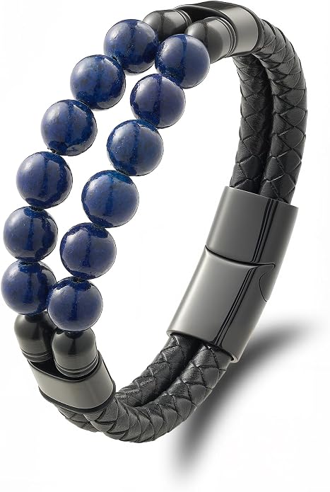 Black Braided Leather Bracelet for Men with Turquoise, Lapis Lazuli, Tiger Eye, Obsidian Stone Double-Row Wristband Beads with Stainless Steel Clasp Fashion Jewelry Gift for Him