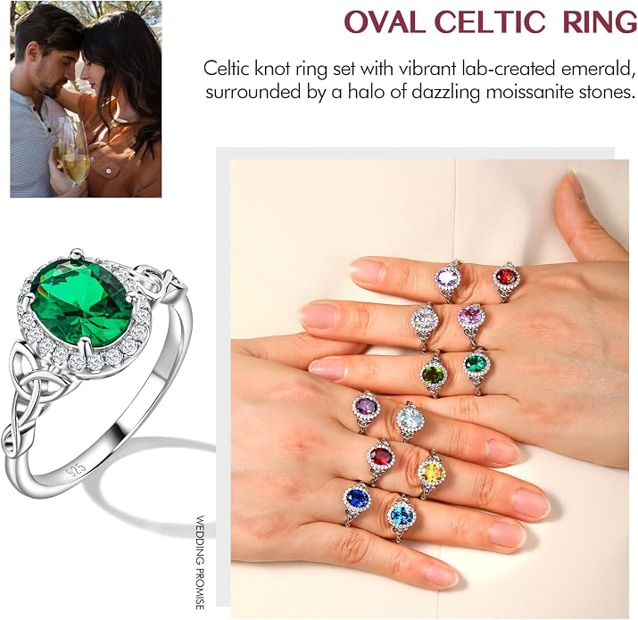 DAYBYDAY Celtic Birthstone Rings for Women 925 Sterling Silver Heart/Round/Pear/Oval Created Gemstone Moissanite Halo Engagement Promise Rings for Her Wife Birthday Anniversary Wedding Jewelry