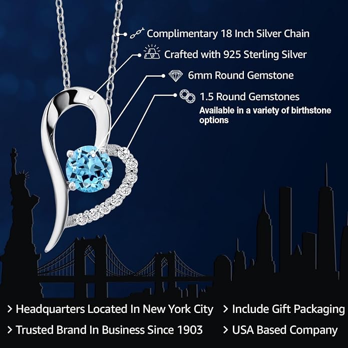 Gem Stone King Heart Shape Pendant Necklace For Women | 925 Sterling Silver | 6MM Round Gemstone Birthstone | Heart Necklace For Women | With 18 Inch Silver Chain