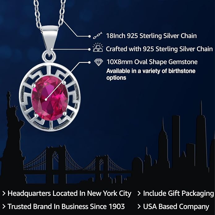 Gem Stone King 925 Sterling Silver 10X8MM Oval Gemstone Birthstone Necklace | Greek Key Pendant Necklace for Women | With 18 Inch Silver Chain