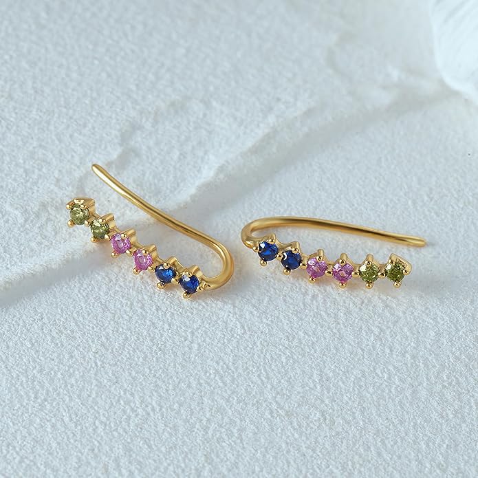 Dainty Colorful Cubic Zirconia Ear Climbers Earrings for Women 925 Sterling Silver 14K Gold Plated Rainbow Gemstone Crawler Earrings Stud Earring Hypoallergenic Ear Clips Wedding Graduation Jewelry Gifts