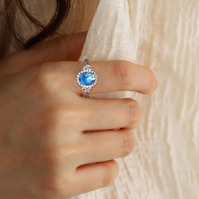 DAYBYDAY Celtic Birthstone Rings for Women 925 Sterling Silver Heart/Round/Pear/Oval Created Gemstone Moissanite Halo Engagement Promise Rings for Her Wife Birthday Anniversary Wedding Jewelry