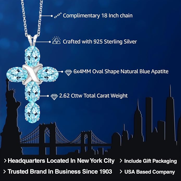 Gem Stone King Cross Pendant Necklace for Women | 925 Sterling Silver | 6X4MM Gemstone Birthstone | Jesus Christian Religious Crucifix Jewelry Gifts | 18 Inch Chain