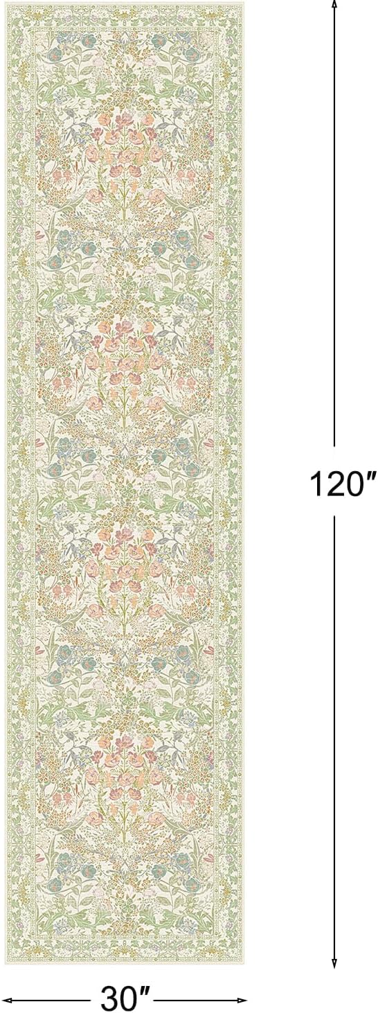 Lunasun Sage Green Washable 2'6"x10' Wide Hallway Runners, Kitchen Runner Rug, Non-Slip & Stain Resistant 10ft Long Floor Rug, Retro Light Green Boho Floral Décor