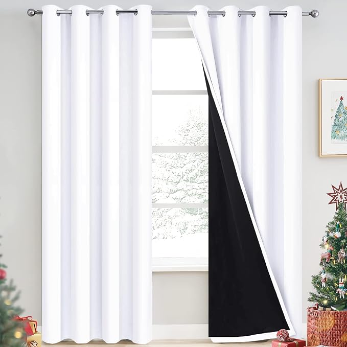 Yakamok Pure White 100% Blackout Curtains 84 Inches Long 52" Wide 2 Panel | Blackout Curtain Panels for Bedroom, 2 Thick Layers Grommet Top Thermal Insulated Drapes with Black Liner for Living Room