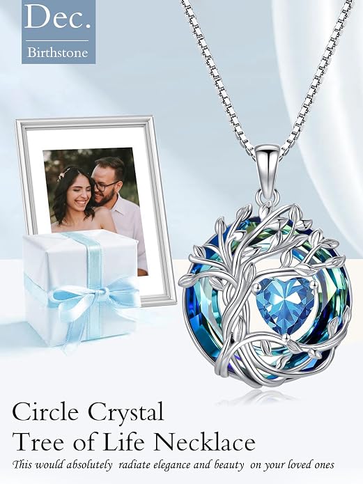 TOUPOP Tree of Life Birthstone Necklace Sterling Silver Pendant Birthstone Necklaces with Blue Crystal Anniversary Birthday Jewelry for Women Mom Wife Her