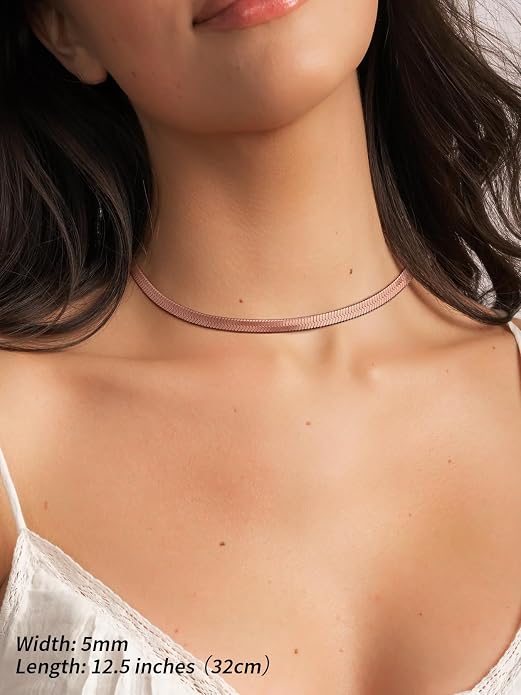 FindChic Black/14K Gold Plated Herringbone Choker Chain Necklace for Women | Waterproof Stainless Steel, Dainty Layering, Flat Snake Chain, Non-Tarnish, Hypoallergenic, Adjustable Extender, Gift Box