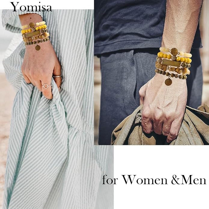Yomisa 5PCS 6PCS Natural Boho Beaded Bracelets/Bangle for Women Men,Healing Turquoise Jasper Agate Crystal Gemstone Stone Chakra Multilayer Wrap Bohemian Handmade Jewelry Beads Stretch Bracelet Set