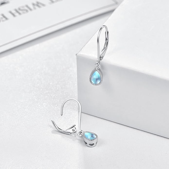 Teardrop Leverback Drop Dangly Earrings, 925 Sterling Silver with Opal/Moonstone Hypoallegenic for Sensitive Ears Jewelry Gift for Women Girlfriend with Gift Box