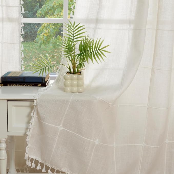 ColorBird Beige Plaid Curtains, White Embroidered Gingham 63 Inch Boho Farmhouse Curtains & Drapes for Living Room, Linen Texture Light Filtering Window Treatment for Dining Bedroom
