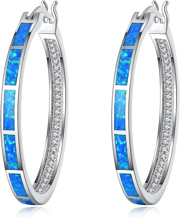 CiNily Opal Hoop Earrings,Women Jewelry Rhodium Plated/Rose Gold or Yellow Gold Plated Gemstone Big Hoop Earrings 32mm