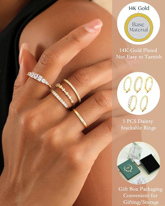 Stackable Silver/Gold Rings for Women Non Tarnish Trendy Dainty 14K Gold Plated Stacking Cubic Zirconia Thumb Ring Set Minimalist Promise Wedding Bands Engagement Rings for Women Size 6-10
