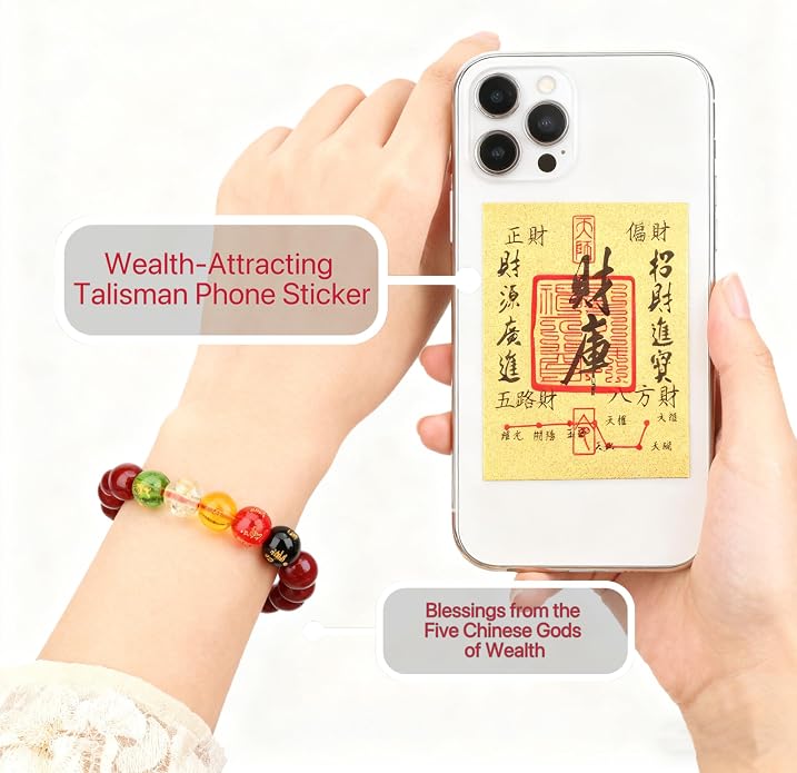 LINGYUAN Feng Shui Wealth and Luck Bracelet with Gold Foil Five Gods Amulet-Red Agate Cinnabar Gemstone Bracelet for Prosperity, Protection & Success, Lucky Charm Gift for Men & Women