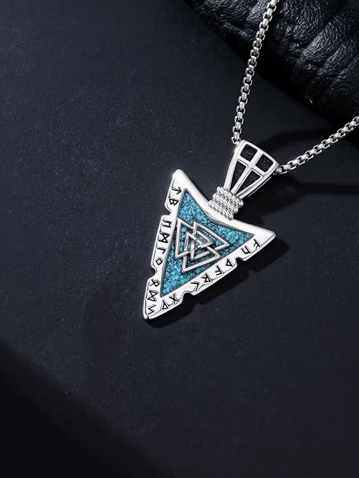 Viking Turquoise Arrowhead Necklace for Men Celtic/Evil Eye/Ankh/Valknut/Compass Arrow Head Pendant Fathers Day Birthday Gifts