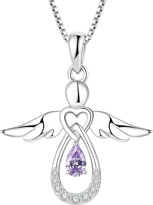 FJ Guardian Angel Necklace 925 Sterling Silver Birthstone Pendant Angel Jewelry Gifts for Women