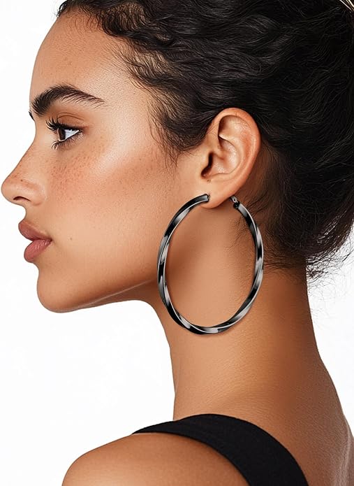 Stainless Steel Chunky Hoop Earrings For Women, Minimalist and Chic, Black/Gold Plated, Round Hoops Earrings Hypoallergenic, Size: 30mm/40mm/60mm/80mm, Come with Box