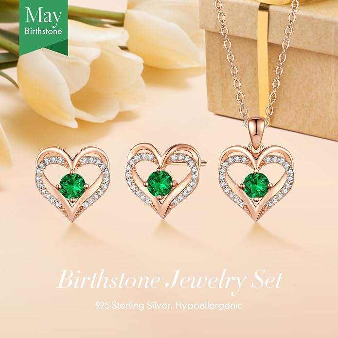 CDE Jewelry Sets for Women Love Heart Pendant Necklaces Earrings, 925 Sterling Silver with Birthstone Zirconia, Birthday Jewelry Gift for Wife Girlfriend Her