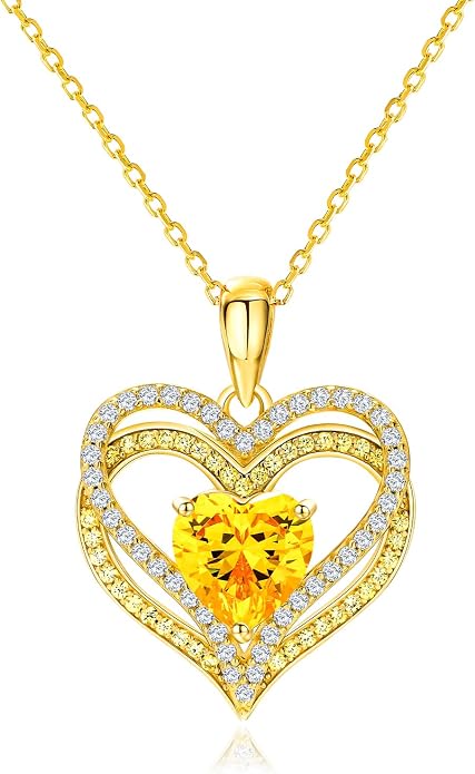 Anniversary Charm Necklace, Sterling Silver 14K Gold Plated Chain with Interlocking Heart Pendant Elegant Birthstone Necklaces for Women, Length 18"