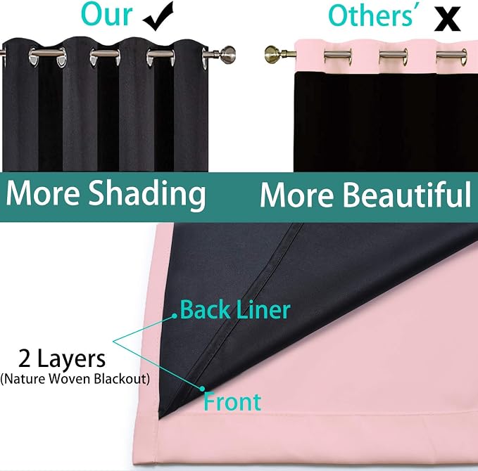 Yakamok Pink 100% Blackout Patio Door Curtain Panels W70 x L84,1 Panel | Noise Reducing Barrier Panel for Sliding Glass Door, 2 Thick Layers Heat Full Light Blocking Patio Door Drapery