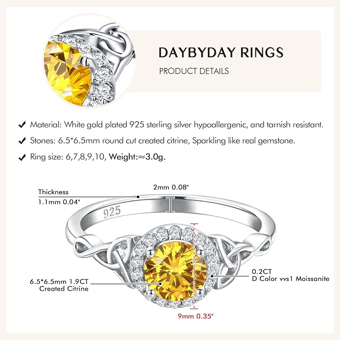 DAYBYDAY Celtic Birthstone Rings for Women 925 Sterling Silver Heart/Round/Pear/Oval Created Gemstone Moissanite Halo Engagement Promise Rings for Her Wife Birthday Anniversary Wedding Jewelry