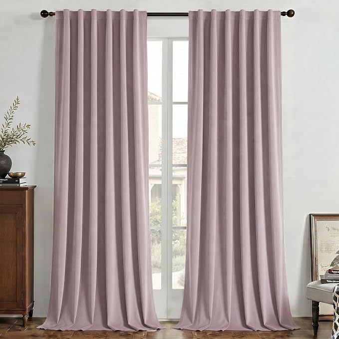 Joydeco 100% Blackout Velvet Curtains Pink 84 Inch Back Tab | Luxury Thermal Insulated Velvet Curtains for Bedroom Living Room, Soundproof Blackout Window Drapes