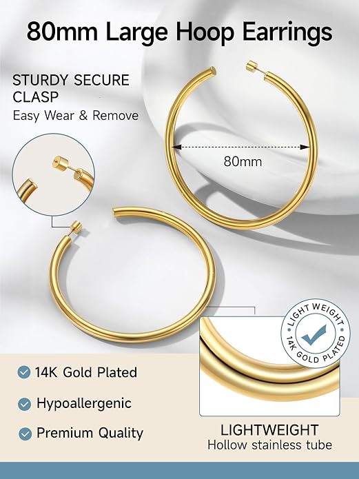 Stainless Steel Chunky Hoop Earrings For Women, Minimalist and Chic, Black/Gold Plated, Round Hoops Earrings Hypoallergenic, Size: 30mm/40mm/60mm/80mm, Come with Box
