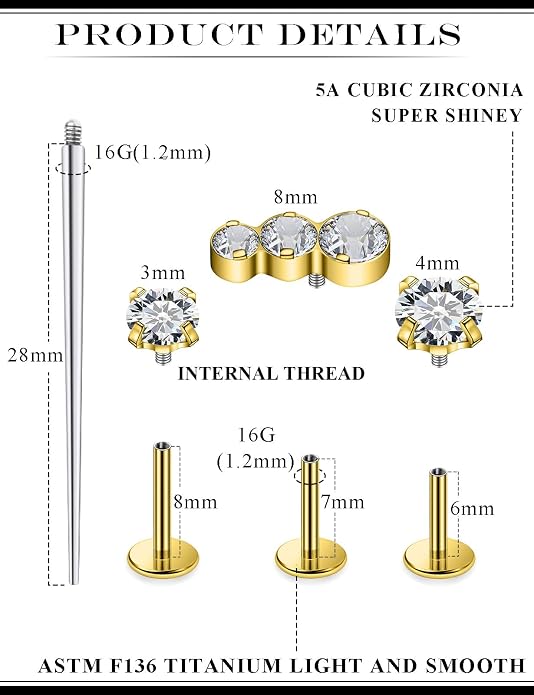 20G 18G 16G Astm F136 Titanium Internal Thread Flat Back Earrings Nose Studs Tragus Forward Helix Conch Cartilage Lobe Earring Stud Medusa Labret Monroe Lip Ring Piercing Jewelry For Women Men