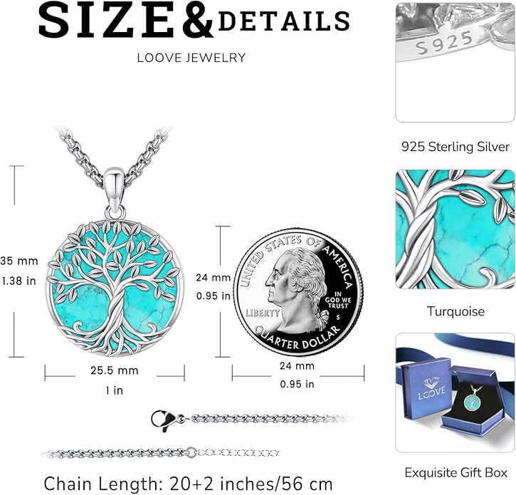 Tree of Life Necklace for Women Sterling Silver Celtic Moon Tree Moonstone Turquoise Pendant Heart Family Tree Necklace for Mother Daughter Sister Gifts
