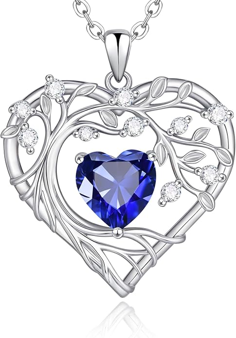 Tree of Life Birthstone Pendant Necklace - 925 Sterling Silver Heart Cubic Zirconia Diamond Women Pendant Necklaces for Her Daughter Girlfriend Birthday Gift Ideas for Wife Mom for Valentines Day