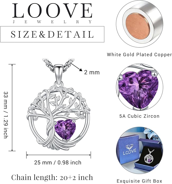 Birthstone Tree of Life Necklace for Women Heart Crystal Pendant Silver Plated Birthday Anniversary Jewelry for Wife, Mom, and Her