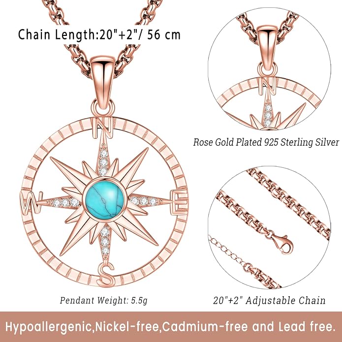 Compass Necklace for Women Men 925 Sterling Silver Pendant Urn Necklaces for Ashes Picture Locket Necklace Anchor Necklace Viking Necklace Crystals CZ Moonstone Abalone Shell Turquoise Compass Jewelry