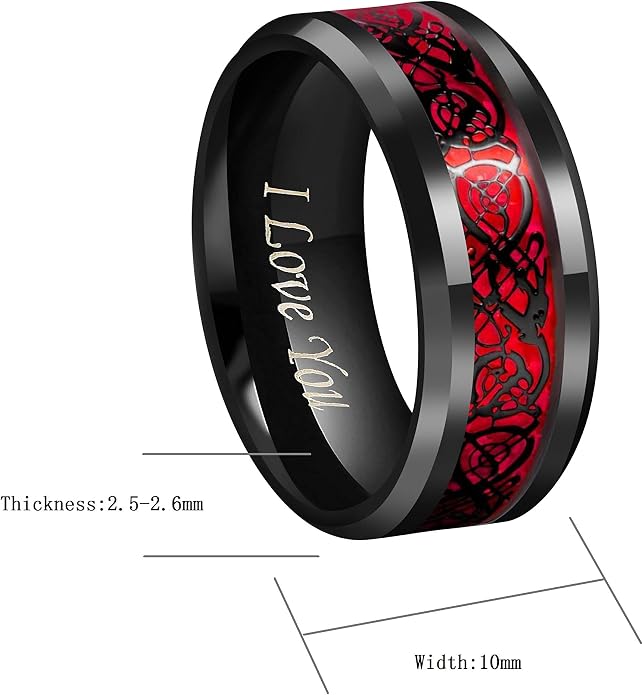 CROWNAL Black Dragon Men Black Tungsten Carbide Ring Wedding Band 6mm 8mm 10mm Red Carbon Fiber Black Celtic Dragon Inlay Engraved I Love You Size 7 to 17