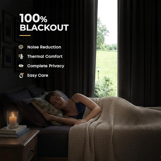 INOVADAY 100% Blackout Curtains for Bedroom, Faux Linen Black Out Curtains 84 Inch Long, Clip Rings Linen Blackout Drapes, Thermal Insulated Room Darkening for Living Room, 2 Panels - W50xL84