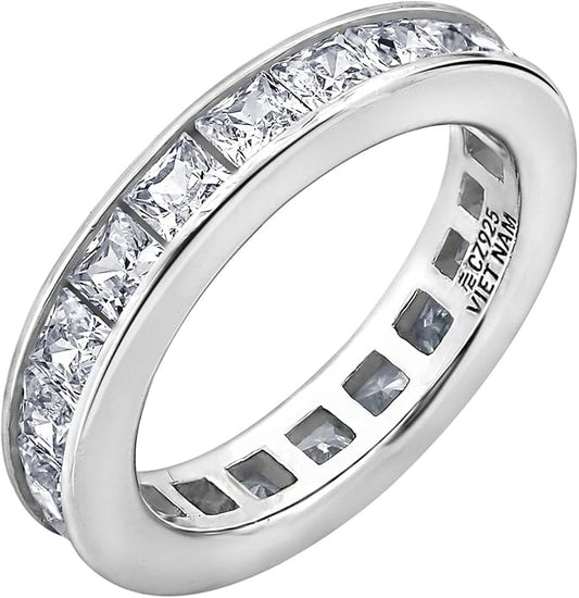Amazon Essentials Platinum-Plated Sterling Silver Infinite Elements Cubic Zirconia Channel Princess-Cut All-Around Band Ring
