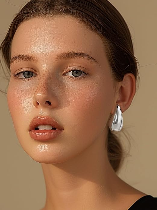 KeyStyle Chunky Gold Hoop Earrings for Women Trendy, Stainless Steel TearDrop Hoops Earring, Lightweight Water Drop Ear Jewerly